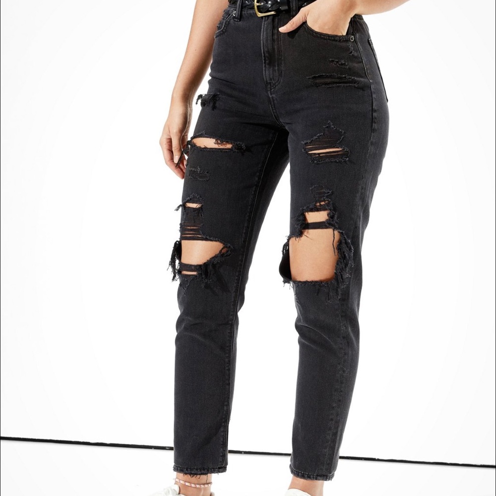Size 12 AE Ripped Mom Jean - “Destroyed Black”
